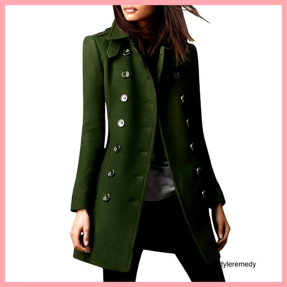 Women's Wool Blend Pea Coat Double Breasted Trench Winter Coat